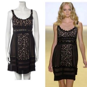 Temperley London Runway Lace Silk Leather black nude chiffon mini dress XS
